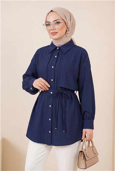 Beli Bağlamalı Bolero Detaylı Taşlı Düğmeli Gömlek  -Laci