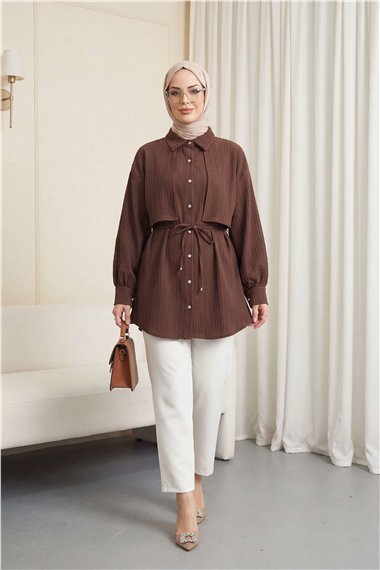 Beli Bağlamalı Bolero Detaylı Taşlı Düğmeli Gömlek  -K. Kahve
