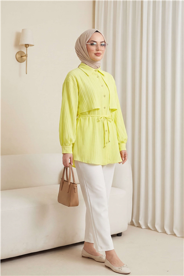 Beli Bağlamalı Bolero Detaylı Taşlı Düğmeli Gömlek -Sarı