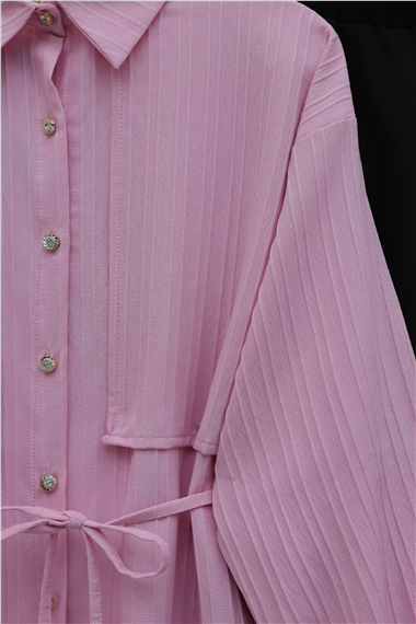 Beli Bağlamalı Bolero Detaylı Taşlı Düğmeli Gömlek -Pembe