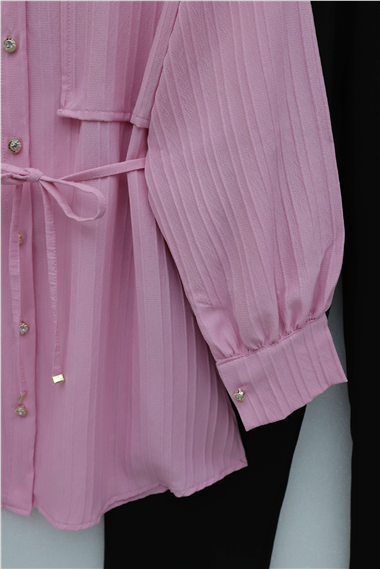 Beli Bağlamalı Bolero Detaylı Taşlı Düğmeli Gömlek -Pembe