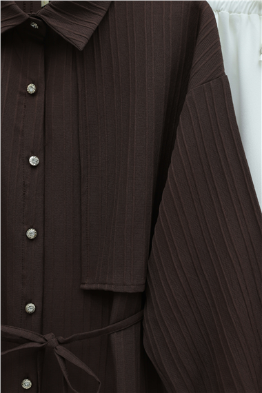 Beli Bağlamalı Bolero Detaylı Taşlı Düğmeli Gömlek  -K. Kahve
