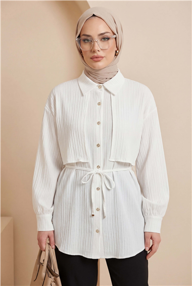 Beli Bağlamalı Bolero Detaylı Taşlı Düğmeli Gömlek  -Beyaz