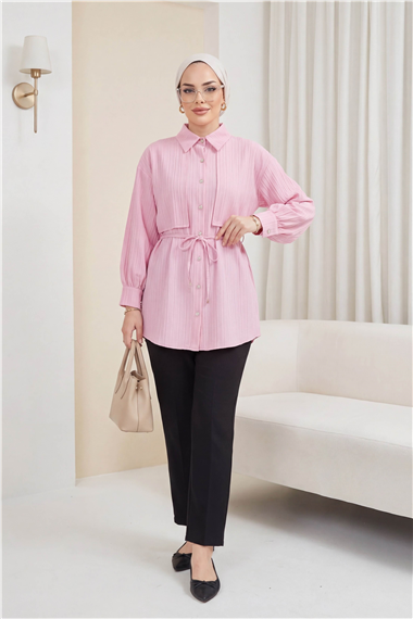 Beli Bağlamalı Bolero Detaylı Taşlı Düğmeli Gömlek -Pembe