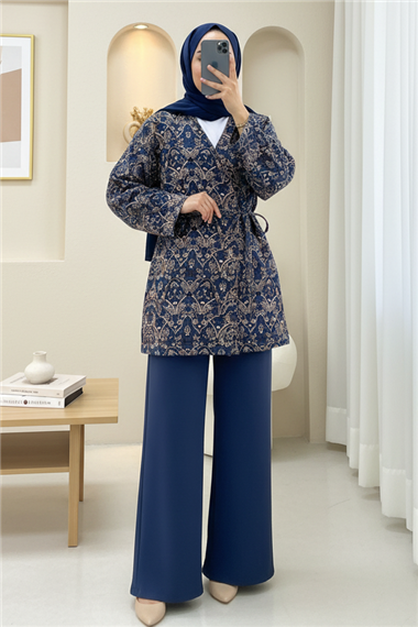 Beli Bağlamalı Cepli Desenli Kapitone Kimono -Laci