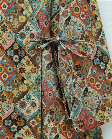Beli Bağlamalı Cepli Desenli Kapitone Kimono -Bej