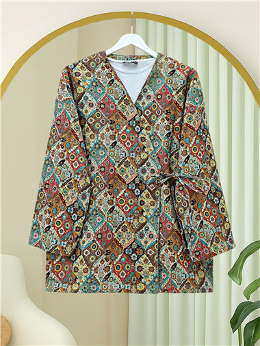 Beli Bağlamalı Cepli Desenli Kapitone Kimono -Bej