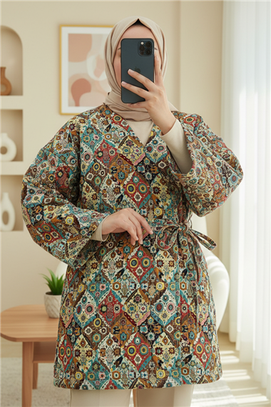 Beli Bağlamalı Cepli Desenli Kapitone Kimono -Bej