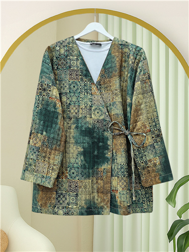 Beli Bağlamalı Cepli Desenli Kapitone Kimono -Haki
