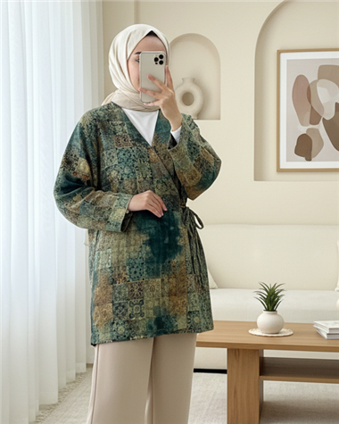 Beli Bağlamalı Cepli Desenli Kapitone Kimono -Haki