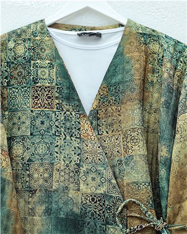 Beli Bağlamalı Cepli Desenli Kapitone Kimono -Haki