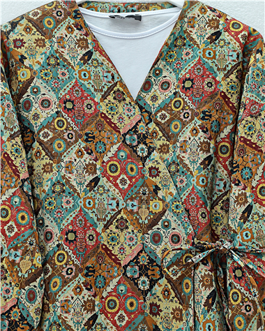 Beli Bağlamalı Cepli Desenli Kapitone Kimono -Bej