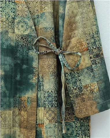 Beli Bağlamalı Cepli Desenli Kapitone Kimono -Haki