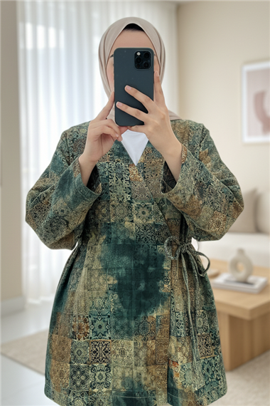 Beli Bağlamalı Cepli Desenli Kapitone Kimono -Haki