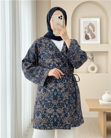 Beli Bağlamalı Cepli Desenli Kapitone Kimono -Laci