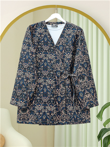 Beli Bağlamalı Cepli Desenli Kapitone Kimono -Laci