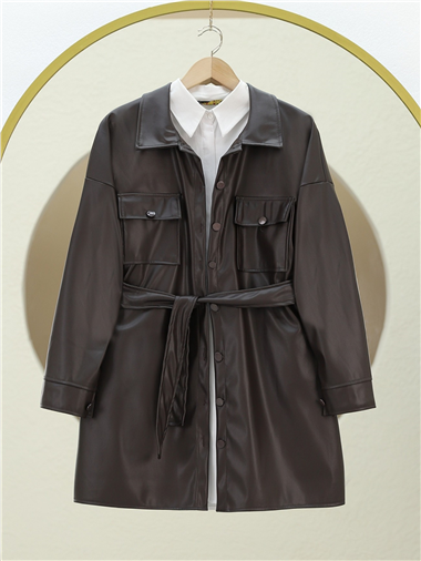 Beli Bağlamalı Çift Cepli Deri Gömlek -K. Kahve