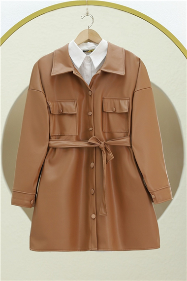 Beli Bağlamalı Çift Cepli Deri Gömlek -Taba