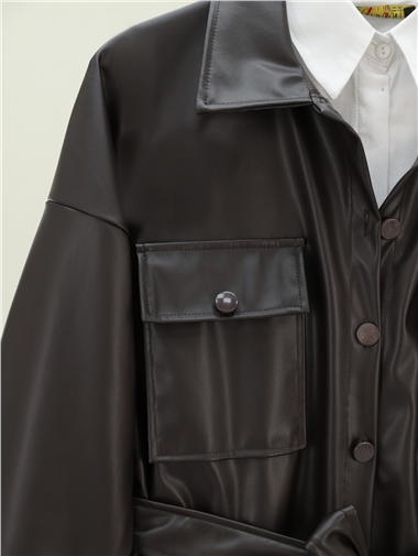 Beli Bağlamalı Çift Cepli Deri Gömlek -K. Kahve