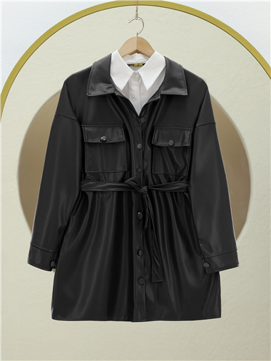 Beli Bağlamalı Çift Cepli Deri Gömlek -Siyah