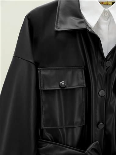 Beli Bağlamalı Çift Cepli Deri Gömlek -Siyah