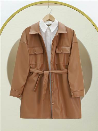 Beli Bağlamalı Çift Cepli Deri Gömlek -Taba