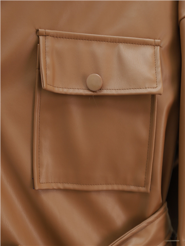 Beli Bağlamalı Çift Cepli Deri Gömlek -Taba