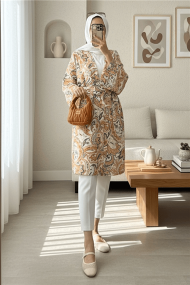 Beli Bağlamalı Etnik Desen Modal Kimono -Bej