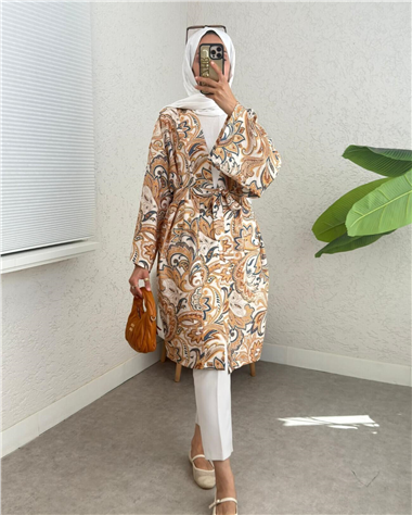 Beli Bağlamalı Etnik Desen Modal Kimono -Bej