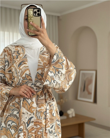 Beli Bağlamalı Etnik Desen Modal Kimono -Bej