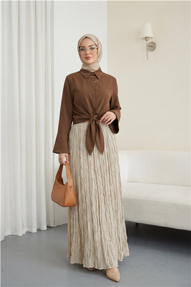 Beli Bağlamalı İspanyol Kol Poplin Gömlek Bluz -Kahve