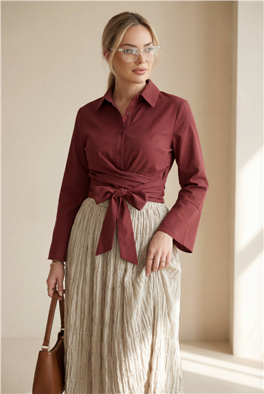 Beli Bağlamalı İspanyol Kol Poplin Gömlek Bluz -Bordo
