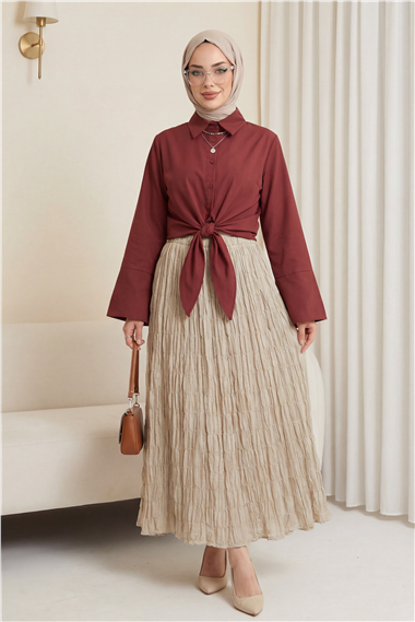 Beli Bağlamalı İspanyol Kol Poplin Gömlek Bluz -Bordo