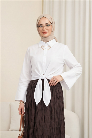 Beli Bağlamalı İspanyol Kol Poplin Gömlek Bluz -Beyaz