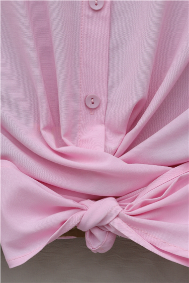 Beli Bağlamalı İspanyol Kol Poplin Gömlek Bluz -Pembe