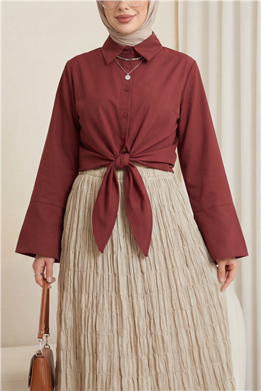 Beli Bağlamalı İspanyol Kol Poplin Gömlek Bluz -Bordo
