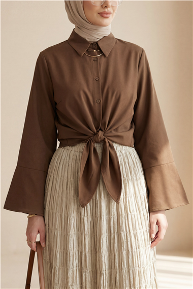 Beli Bağlamalı İspanyol Kol Poplin Gömlek Bluz -Kahve