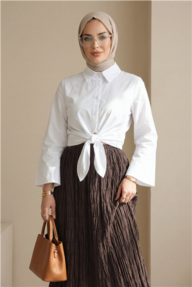 Beli Bağlamalı İspanyol Kol Poplin Gömlek Bluz -Beyaz