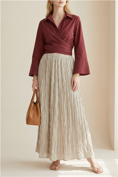 Beli Bağlamalı İspanyol Kol Poplin Gömlek Bluz -Bordo