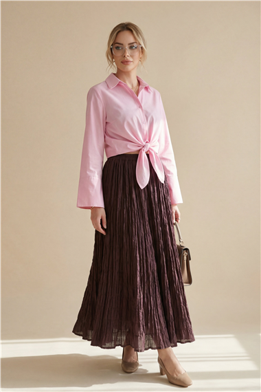 Beli Bağlamalı İspanyol Kol Poplin Gömlek Bluz -Pembe