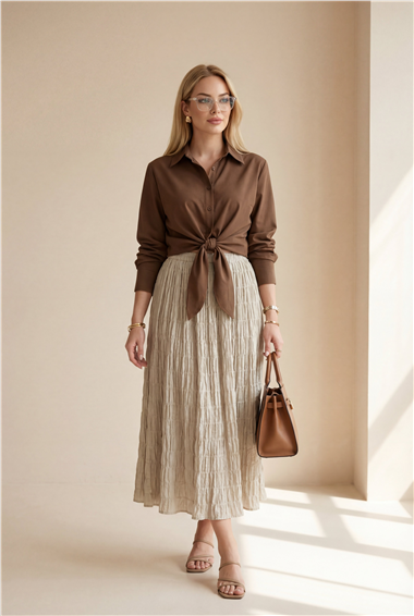 Beli Bağlamalı İspanyol Kol Poplin Gömlek Bluz -Kahve