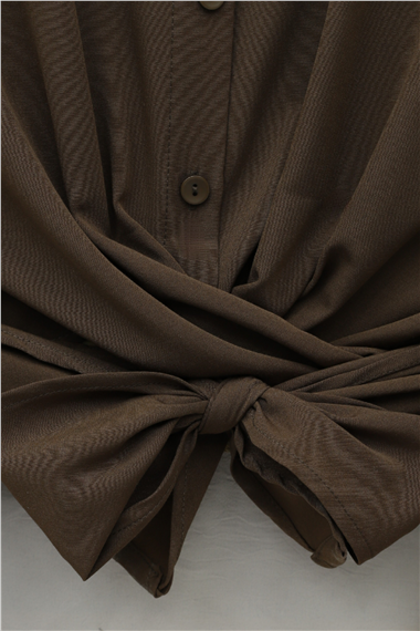 Beli Bağlamalı İspanyol Kol Poplin Gömlek Bluz -Kahve