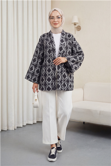 Beli Bağlamalı Kare Desen Saçaklı Kimono -K.Laci