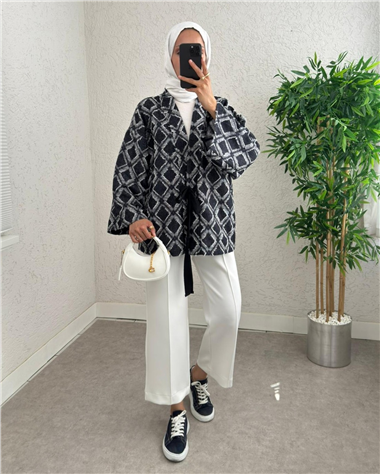 Beli Bağlamalı Kare Desen Saçaklı Kimono -K.Laci