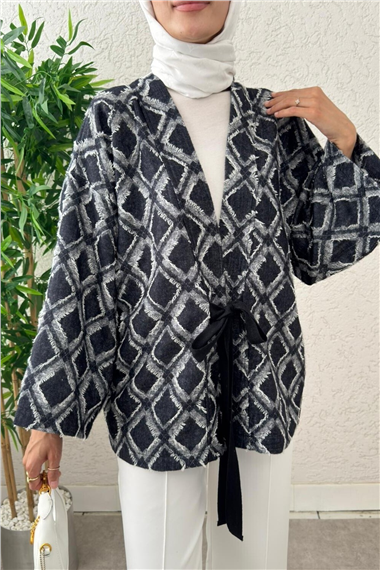 Beli Bağlamalı Kare Desen Saçaklı Kimono -K.Laci