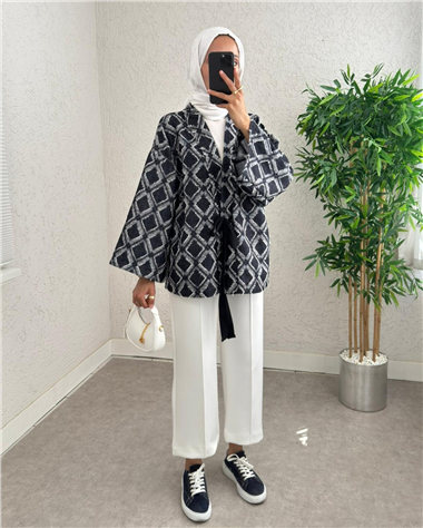 Beli Bağlamalı Kare Desen Saçaklı Kimono -K.Laci