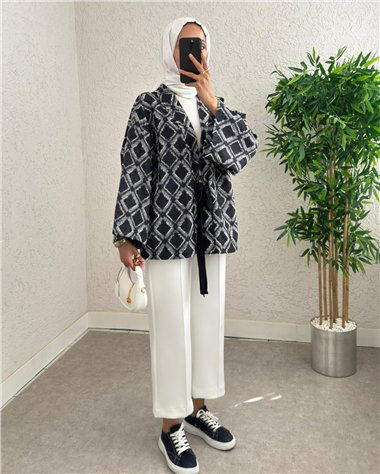 Beli Bağlamalı Kare Desen Saçaklı Kimono -K.Laci