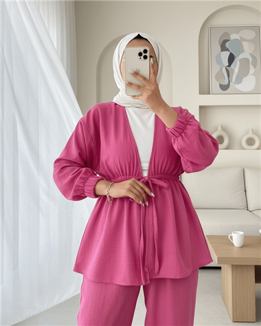 Beli Bağlamalı Lastikli İkili Keten Takım -Fuşya