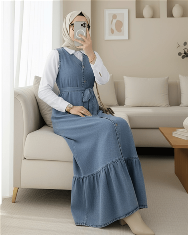 Beli Bağlamalı Önü Düğmeli Cepli Kot Jile   -Buz Mavi