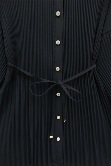 Beli Bağlamalı Taşlı Düğmeli Pliseli Poplin Tunik -Siyah